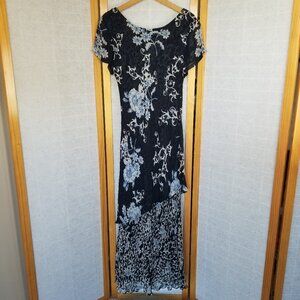 Vintage Chiffon Maxi Dress Layered Sheer Black Multi Floral Sequins Y2K Size 10